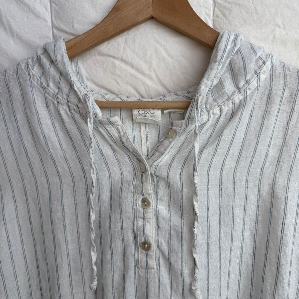 C&C California Womens Medium 100% Linen Striped Hoodie Pullover Shirt White Blue - Picture 5 of 15